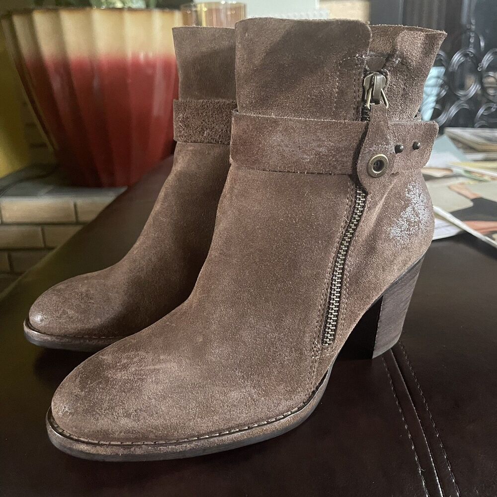 Paul Green Sheridan Brown Suede Ankle Booties Buckle Strap Stacked Heel Size 6